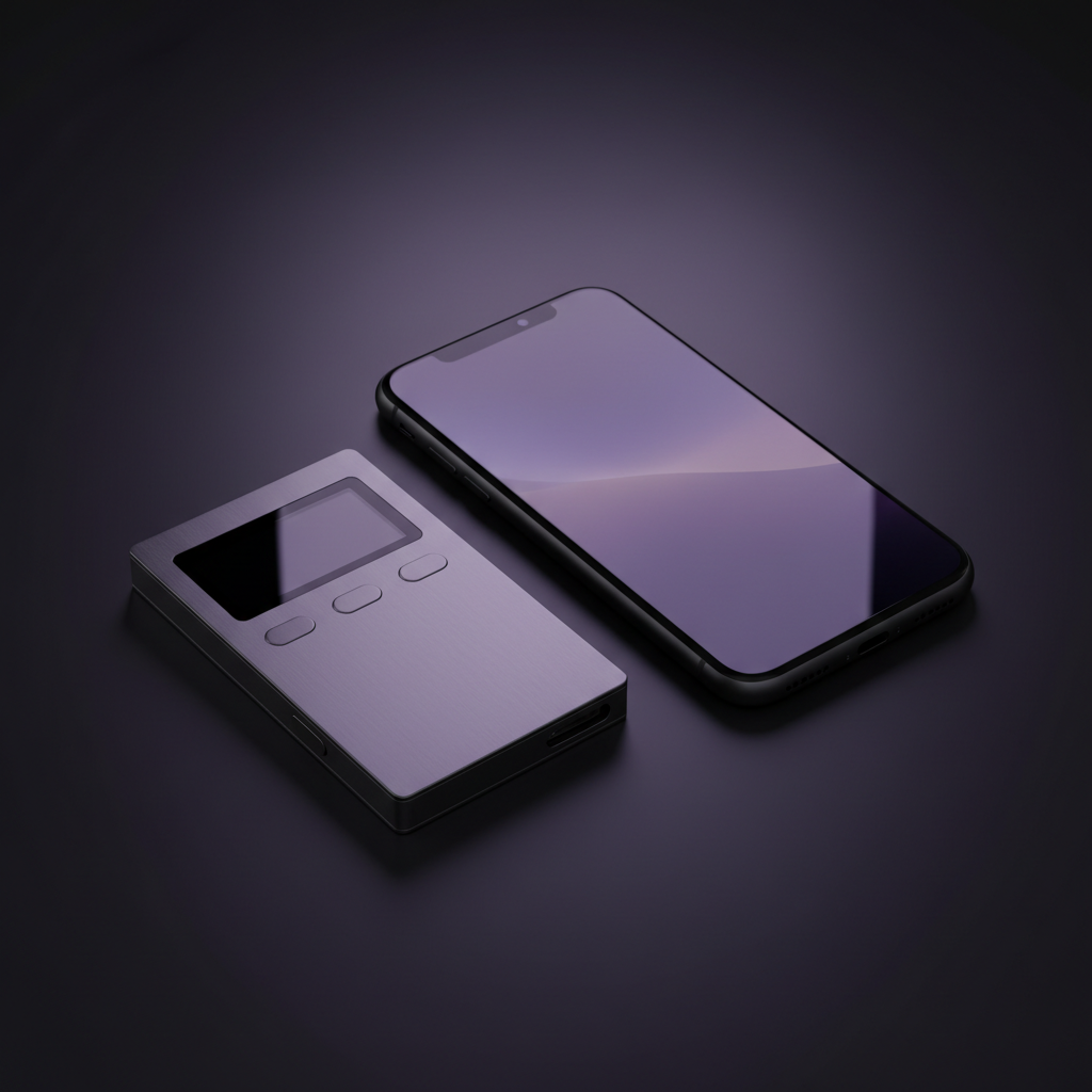 Hardware wallet naast smartphone